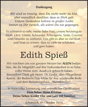 Traueranzeige von Edith Irma Spieß von WVG - Wochenspiegel Merseburg