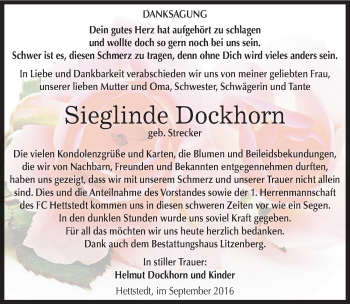 Traueranzeige von Sieglinde Dockhorn von Mitteldeutsche Zeitung Mansfelder Land