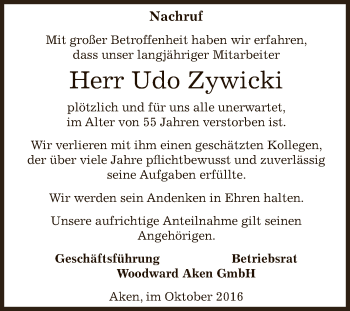 Traueranzeige von Udo Zywicki von Super Sonntag Dessau / Köthen