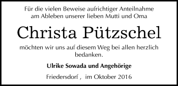 Traueranzeige von Christa Pützschel von Mitteldeutsche Zeitung Bitterfeld