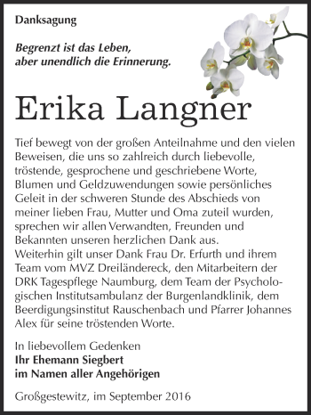 Traueranzeige von Erika Langner von WVG - Wochenspiegel NMB / WSF / ZTZ
