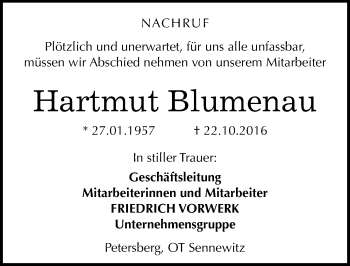 Traueranzeige von Hartmut Blumenau von Mitteldeutsche Zeitung Halle/Saalkreis