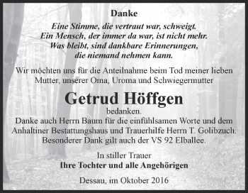 Traueranzeige von Getrud Höffgen von WVG - Wochenspiegel Dessau / Köthen