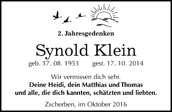 Traueranzeige von Synold Klein von Mitteldeutsche Zeitung Halle/Saalkreis