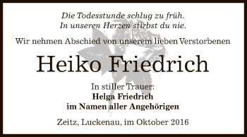 Traueranzeige von Heiko Friedrich von Super Sonntag Zeitz