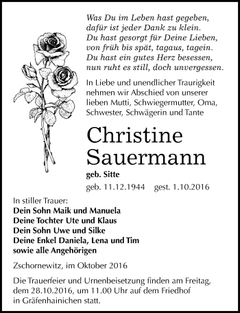 Traueranzeige von Christine Sauermann von Mitteldeutsche Zeitung Wittenberg