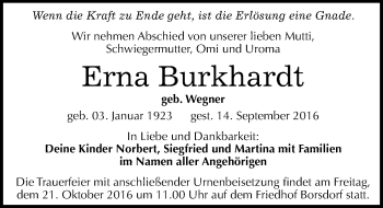 Traueranzeige von Erna Burkhardt von Mitteldeutsche Zeitung Halle/Saalkreis