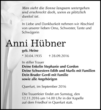 Traueranzeige von Anni Hübner von Mitteldeutsche Zeitung Merseburg/Querfurt