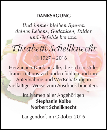 Traueranzeige von Elisabeth Schellknecht von WVG - Wochenspiegel NMB / WSF / ZTZ
