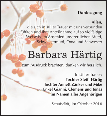 Traueranzeige von Barbara Härtig von Mitteldeutsche Zeitung Merseburg/Querfurt