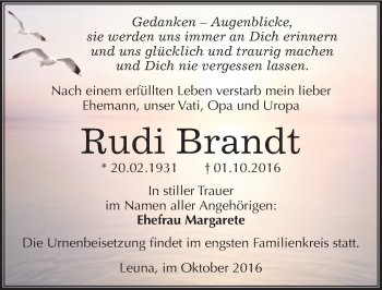 Traueranzeige von Rudi Brandt von Mitteldeutsche Zeitung Merseburg/Querfurt