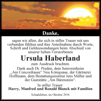 Traueranzeige von Ursula Haberland von Super Sonntag Aschersleben