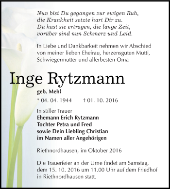 Traueranzeige von Inge Rytzmann von WVG - Wochenspiegel SGH