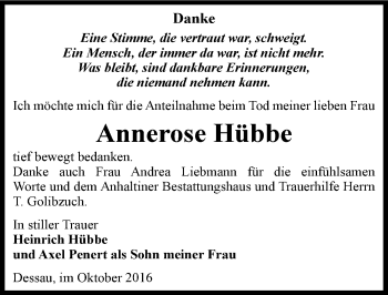Traueranzeige von Annerose Hübbe von Mitteldeutsche Zeitung Dessau-Roßlau