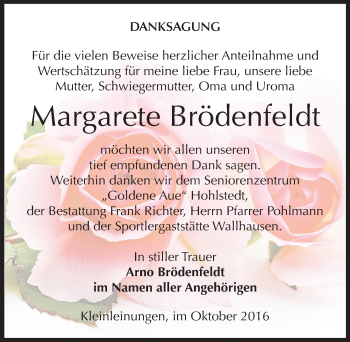 Traueranzeige von Margarete Brödenfeldt von Mitteldeutsche Zeitung Sangerhausen