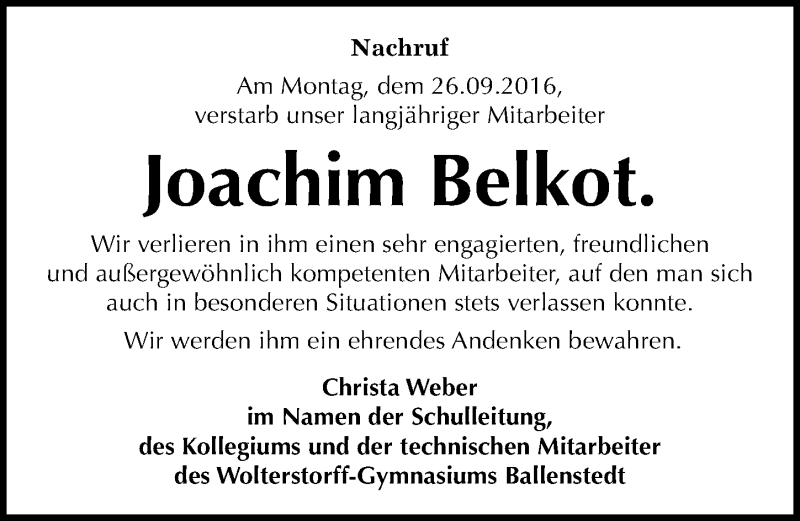  Traueranzeige für Joachim Belkot vom 01.10.2016 aus Mitteldeutsche Zeitung Quedlinburg