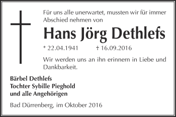 Traueranzeige von Hans Jörg Dethlefs von Super Sonntag Merseburg