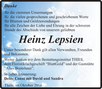 Traueranzeige von Heinz Lepsien von Mitteldeutsche Zeitung Quedlinburg