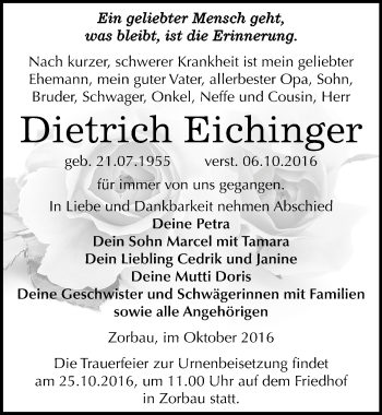 Traueranzeige von Dietrich Eichinger von Mitteldeutsche Zeitung Weißenfels