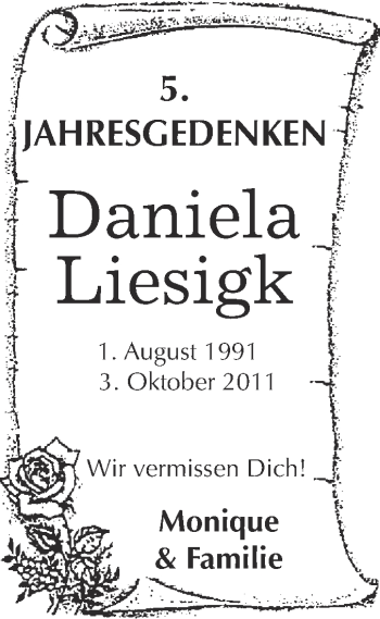 Traueranzeige von Daniela Liesigk von Super Sonntag Wittenberg