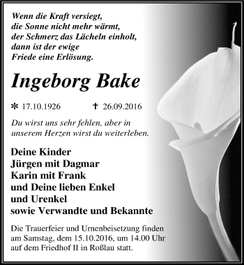Traueranzeige von Ingeborg Bake von Mitteldeutsche Zeitung Dessau-Roßlau