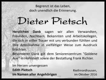 Traueranzeige von Dieter Pietsch von Mitteldeutsche Zeitung Sangerhausen
