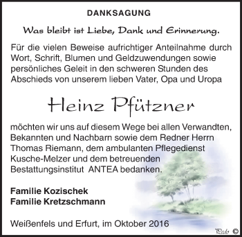Traueranzeige von Heinz Pfützner von Mitteldeutsche Zeitung Weißenfels