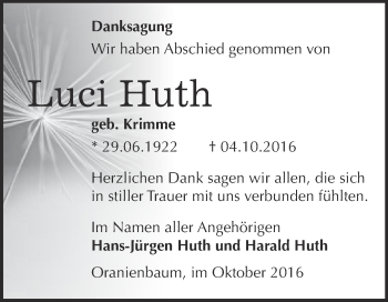 Traueranzeige von Luci Huth von WVG - Wochenspiegel Wittenberg