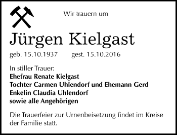 Traueranzeige von Jürgen Kielgast von Mitteldeutsche Zeitung Mansfelder Land