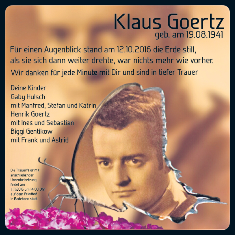  Traueranzeige für Klaus Goertz vom 29.10.2016 aus Mitteldeutsche Zeitung Quedlinburg