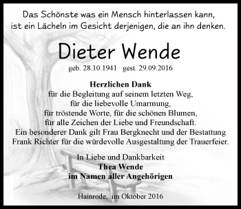 Traueranzeige von Dieter Wende von Mitteldeutsche Zeitung Sangerhausen