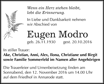 Traueranzeige von Eugen Modro von Mitteldeutsche Zeitung Mansfelder Land