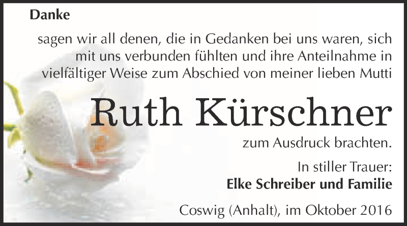  Traueranzeige für Ruth Kürschner vom 08.10.2016 aus Super Sonntag Wittenberg