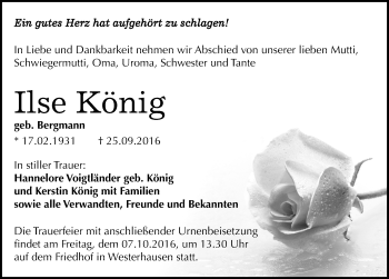 Traueranzeige von Ilse König von Mitteldeutsche Zeitung Quedlinburg