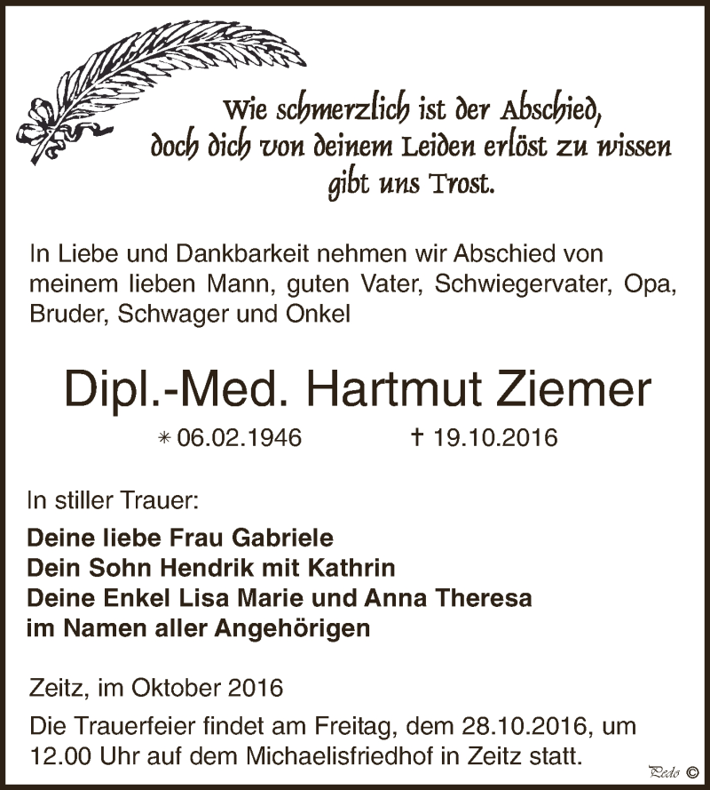  Traueranzeige für Hartmut Ziemer vom 22.10.2016 aus Super Sonntag Zeitz