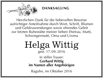 Traueranzeige von Helga Wittig von Mitteldeutsche Zeitung Bitterfeld
