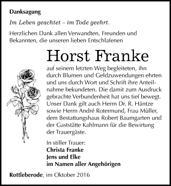 Traueranzeige von Horst Franke von Mitteldeutsche Zeitung Sangerhausen
