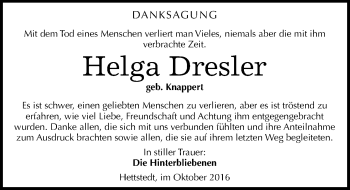 Traueranzeige von Helga Dresler von Mitteldeutsche Zeitung Mansfelder Land
