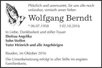 Traueranzeige von Wolfgang Berndt von WVG - Wochenspiegel Bitterfeld