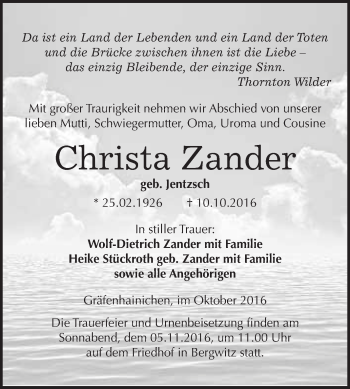 Traueranzeige von Christa Zander von WVG - Wochenspiegel Wittenberg