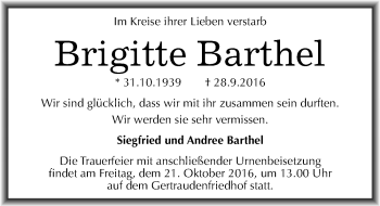Traueranzeige von Brigitte Barthel von Mitteldeutsche Zeitung Halle/Saalkreis