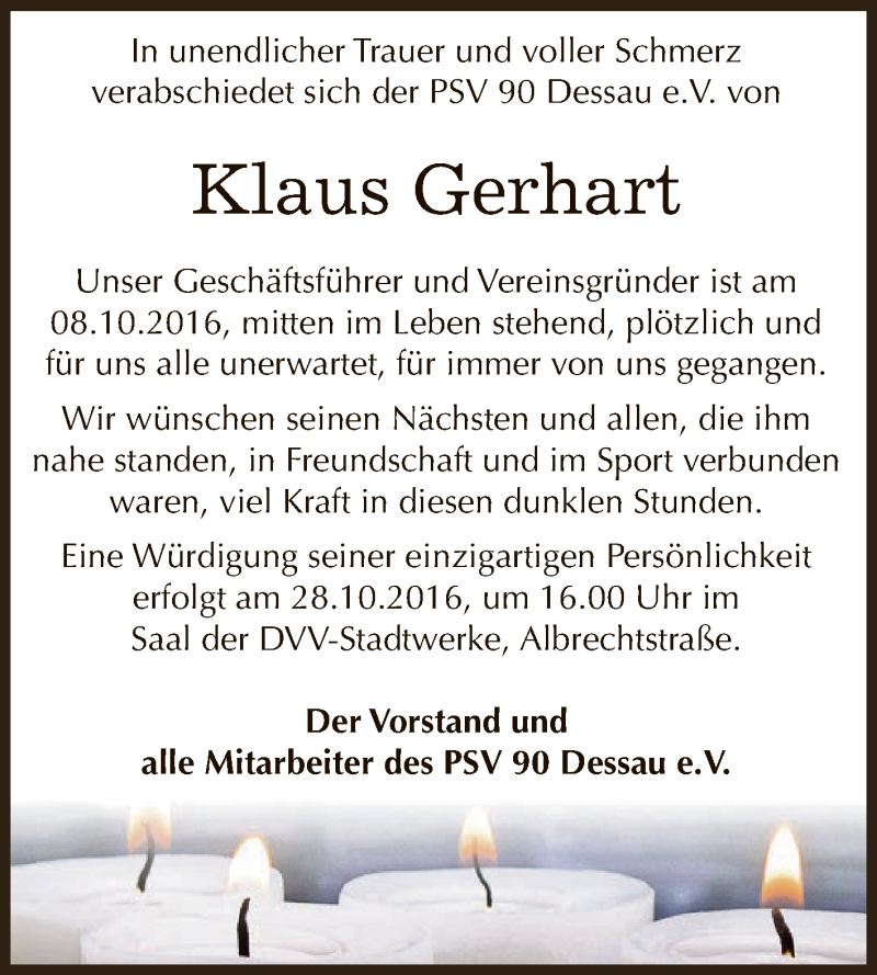  Traueranzeige für Klaus Gerhart vom 22.10.2016 aus WVG - Wochenspiegel Dessau / Köthen