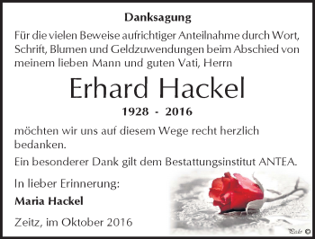 Traueranzeige von Erhard Hackel von Mitteldeutsche Zeitung Zeitz