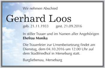 Traueranzeige von Gerhard Loos von Mitteldeutsche Zeitung Merseburg/Querfurt