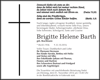 Traueranzeige von Brigitte Helene Barth von Super Sonntag SGH Mansf. Land