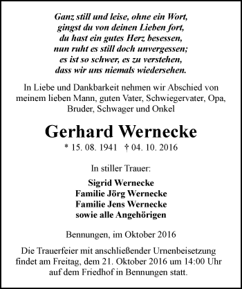 Traueranzeige von Gerhard Wernecke von Mitteldeutsche Zeitung Sangerhausen