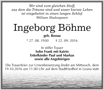 Traueranzeige von Ingeborg Böhme von Mitteldeutsche Zeitung Merseburg/Querfurt