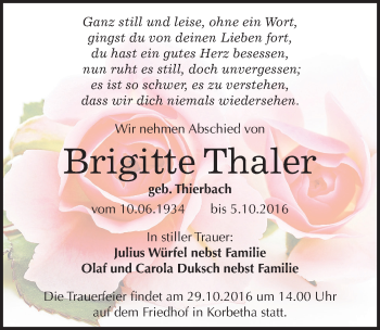 Traueranzeige von Brigitte Thaler von Mitteldeutsche Zeitung Halle/Saalkreis