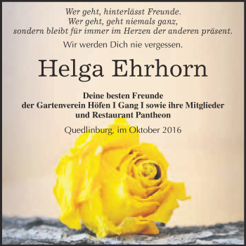 Traueranzeige von Helga Ehrhorn von Super Sonntag Quedlinburg
