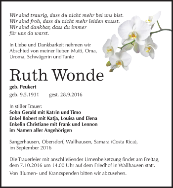 Traueranzeige von Ruth Wonde von Mitteldeutsche Zeitung Sangerhausen